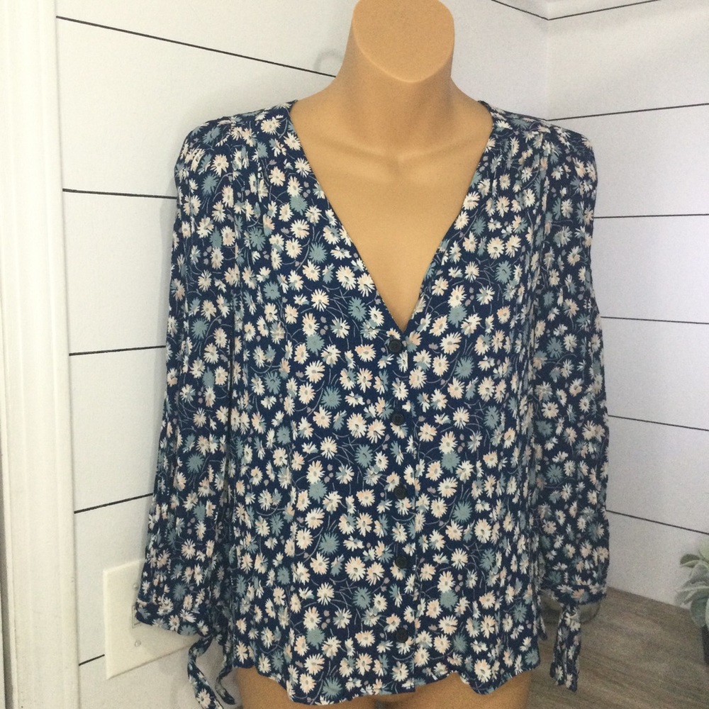 Madewell tie-sleeve button down‎ blouse Women's Small French floral blue print